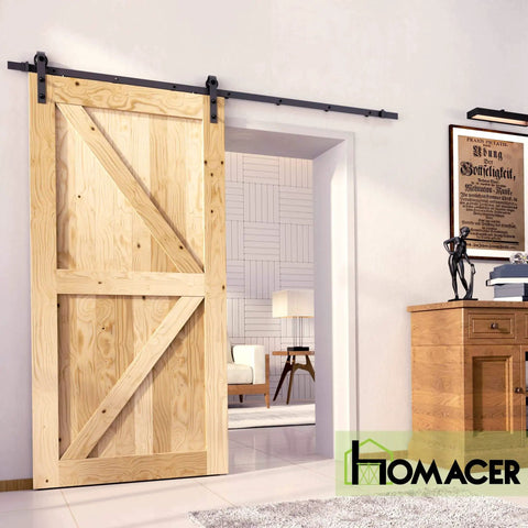 Installed Five In One Design Solid Natural Pine Barn Door Kit For Interior Use, Forty Eight Inch Wide And Eighty Four Inch High