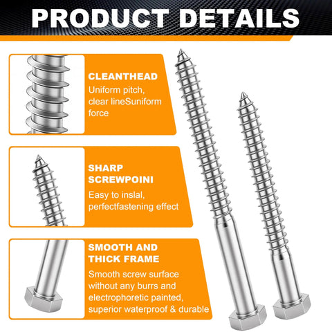 Close-up of 12 Pack Three Eighths Inch By One And A Half Inch Hex Head Lag Screws For Wood In 304 Stainless Steel With Flat Washers