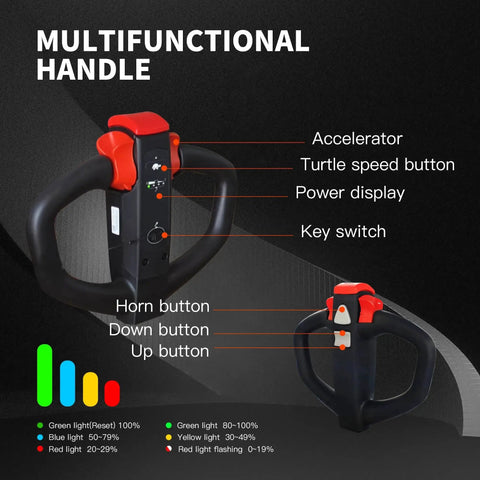 Electric pallet jack control handle with red top, black grip, featuring horn and up/down lift buttons