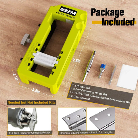 Hinge Mortising Router Template Pro Grade For 3 To 5 Inch Hinges with included router bit and screwdriver, shown with dimensions.
