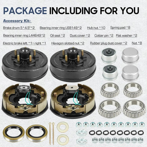 Trailer Axle Electric Brake Kit For 3500 Pound Axles Pair Of Five Hole Four And A Half Inch Bolt Circle Ten Inch By Two And A Quarter Inch Self Adjusting Electric Brakes Heavy Duty Replacement Ten Inch Brake Hub Drum Assembly parts layout