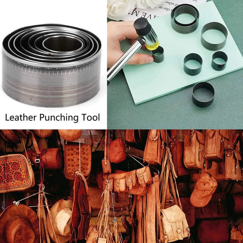 Leather Hole Punch Die Set 7 Piece Round Cutter Kit For Handmade DIY Leather Craft, displayed with leather bags.