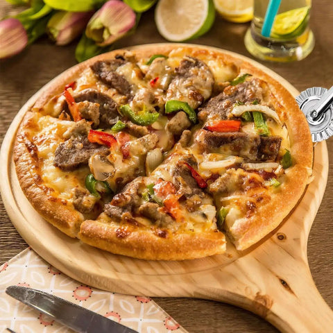 Homemade pizza on wooden board using Fluted Pastry Wheel Cutter For Homemade Pasta And Ravioli, Durable Dough Cutter with vegetables and meat