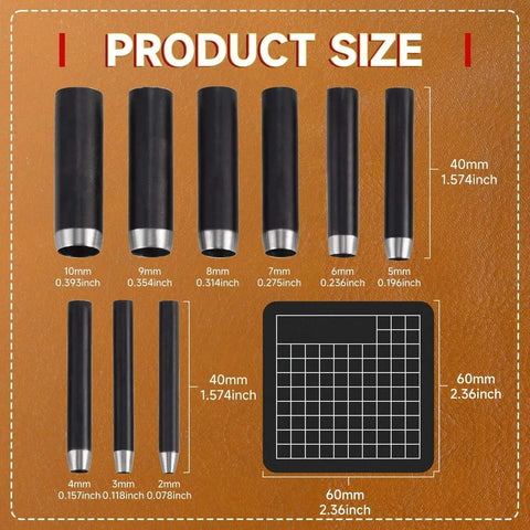 Leather Circle Cutter Set with 10 Round Punch Tools and High Carbon Steel Dies, 2-10mm size, 40mm height, shown on leather background