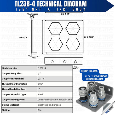 TL23B-4 hydraulic quick-connect coupler set, flat-face, 1/2 in NPT, steel with mounting bracket (diagram)
