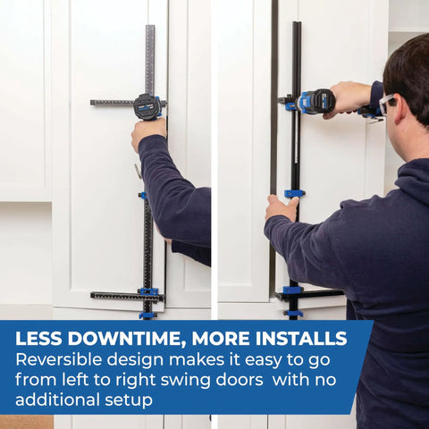 Man using Cabinet Hardware Jig Pro XL Flexible Full Length To Compact Setup For Wide Pulls Or Knob Mounts Pro Grade Accuracy