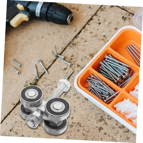 Stainless Steel Double Bearing Sliding Door Caster Wheel Kit For Ultra Smooth Rolling, shown with screws and a drill