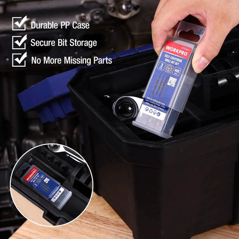 Self Centering Drill Bit Set For Precise Cabinet And Door Installations with HSS VIX Bits in durable case with hex key.