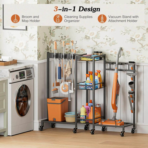 Three In One Broom Holder With Cleaning Supplies Organizer For Small Spaces Vacuum Stand And Mop Hang Broom Closet Storage Cabinet