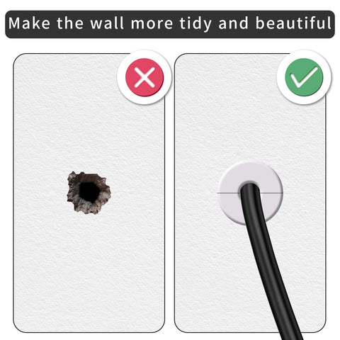 2Pcs wall cable grommets, white plastic, front view with drilled wall hole
White wall cable grommet installed, one grommet with a black ethernet cable passing through