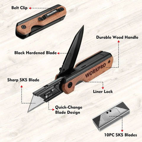 2-In-1 Folding Utility Knife With Quick Change Blades Belt Clip Liner Lock, showing wood handle, SK5 blades, and belt clip.