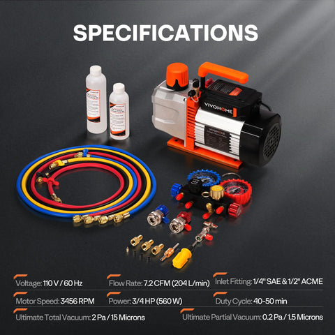VIVOHOME VG Series AC vacuum pump with 4-way manifold gauge kit, 5ft hoses and oil bottles for auto HVAC.