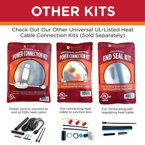 Universal Tee & Splice Kit trio in red pouches: Power, Hardware, End Seal for 10–13mm self-regulating heat cable