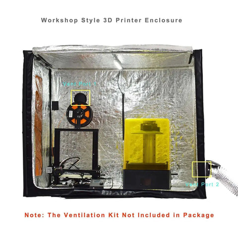 Beefy Size 3D Printer Enclosure with dual side opening and thermal insulation, showing interior setup with two 3D printers.