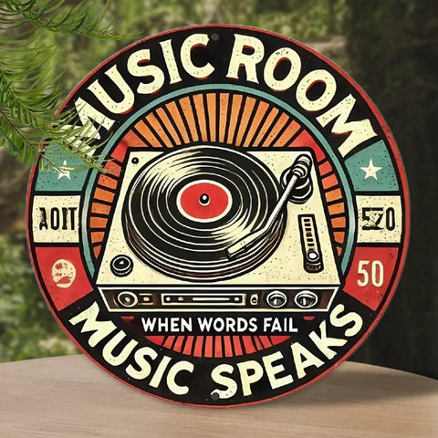 Retro Music Room Sign Featuring Turntable Design Round Aluminum Wall Art For Home Office Cafe And Yard Indoor Outdoor Decor Durable Rust Resistant Metal With Full Surface UV Printing For Bright Long Lasting Colors