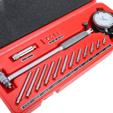 2-6 Inch Bore Gauge With 0.001 Inch Deep Measurement For Engine Holes And Cylinder Sizing in red carrying case, multiple attachments visible.