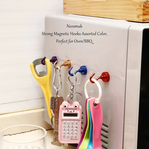 Heavy Duty Magnetic Hooks 30 Pound Capacity Pack Of 10 Purple NdFeB Hangers With CNC Steel Base holding items on a refrigerator
