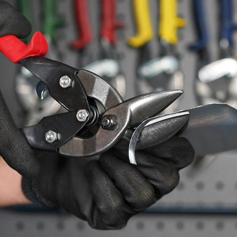 Close-up of Left And Right Offset Aviation Snips Set For Tight Curves And Long Cuts Pro Grade Tinner Shears with Glidetech Blades.