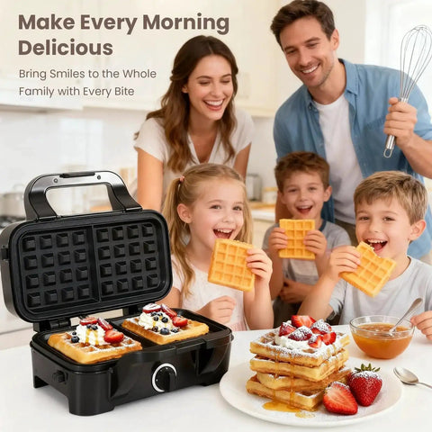 Family enjoying breakfast with Three In One Waffle Maker With Removable Plates For Waffles Sandwiches And Pancakes Nonstick Surfaces