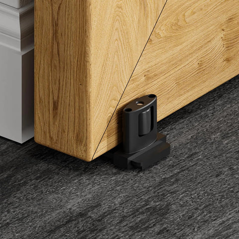Sliding Barn Door Floor Guide Adjustable Bottom With Double Nylon Rollers Wall Mounted Heavy Duty Steel Frame Fits 1 To 2 Inch Doors And Delivers Smooth Quiet Sliding For Home Reno Upgrades close-up view on wood door
