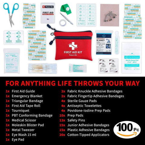 Go To 100 Piece First Aid Kit For Travel And Outdoors, Compact Medical Kit showing contents like bandages, scissors, and tweezers