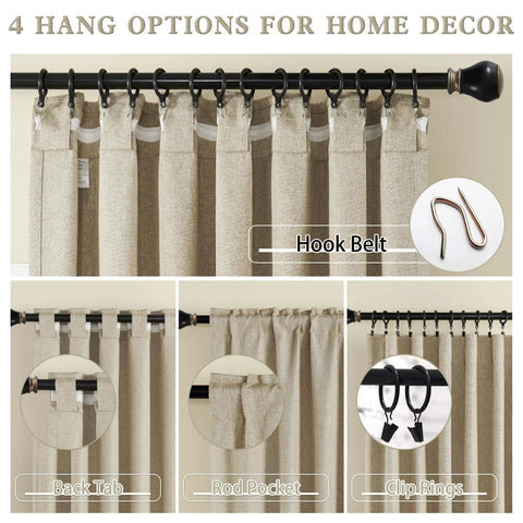 Linen Blackout Curtains 132 Inch Long For Ceiling Track System with hook belt, back tab, rod pocket, and clip rings