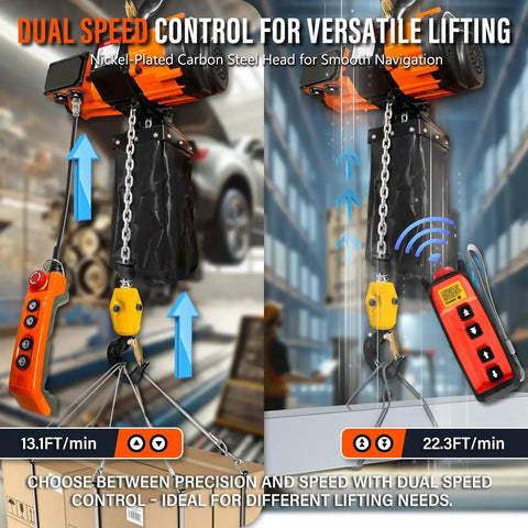 Electric Chain Hoist 2200lb With 2 Speed 120V Brushless Motor And 10ft G80 Chain in dual speed control demonstration