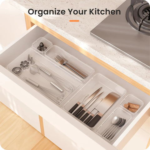 Clear Makeup Drawer Organizer Set Holds 177 Items In Five Sizes For Bathroom Vanity Office Desk Drawer Storage Plastic Divider Bins Modular Transparent Plastic Drawers For Desk Vanity Pantry in a kitchen drawer with utensils.