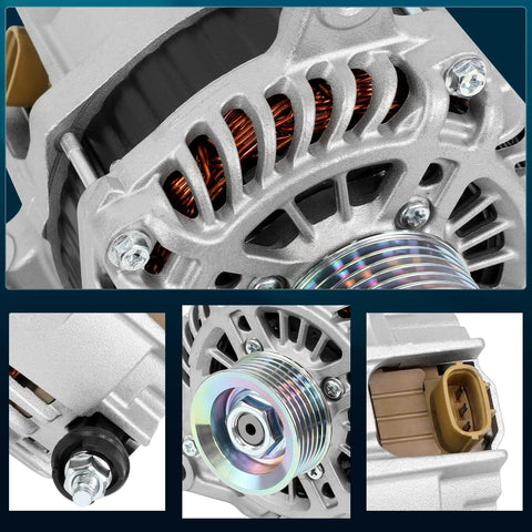 Close-up views of Drop-In 110A 12V 6-Groove Alternator For 2011-2013 Forester 2.5L H4 with aluminum housing and pulley.