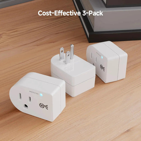 3 Pack Non Blocking 750 Joules Surge Protector With 500V Clamping Voltage, Single Outlet Wall Outlet, displayed on wooden table