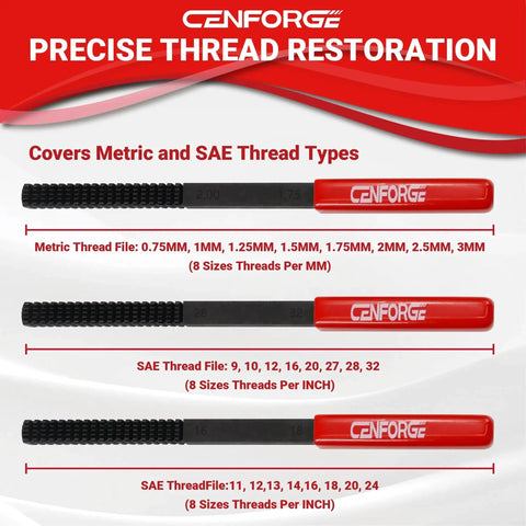 3 Piece Thread Restorer File Set For SAE UNC UNF And Metric Threads With Caps, red handles, thread sizes shown