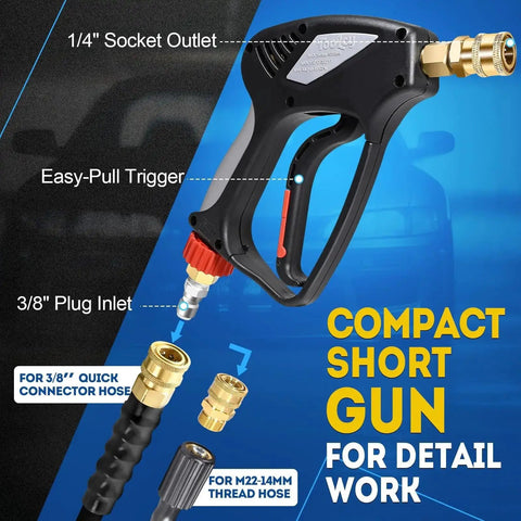 Beast Mode 5000 PSI Pressure Washer Gun with 360 Swivel Inlet, ergonomic design, detailing 3/8" plug and 1/4" socket outlet.