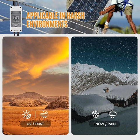 Solar Panel Disconnect Switch 1000V 60A PV Breaker Box Outdoor Enclosure shown in harsh environments, desert and snowy mountains.