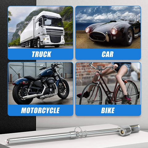MEANLIN MEASURE tire pressure gauge, silver dual-head, 10–150 psi, shown with truck, car, motorcycle and bike panels