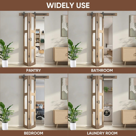 Bifold Glass Barn Door Kit 36 Inch With Hardware Included, shown installed in pantry, bathroom, bedroom, and laundry room.