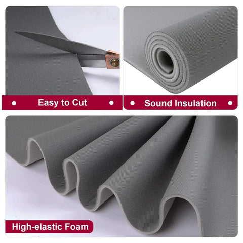 Dark Gray 60 Inch By 76 Inch Mesh Headliner Fabric With Foam Backing For Auto, showing its easy-to-cut and sound insulation features.