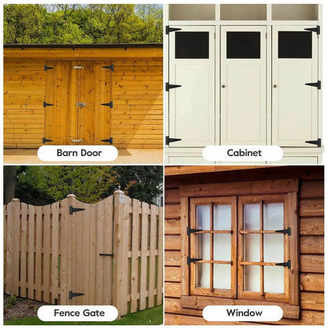 Barn doors, cabinets, fence gates, and windows with 10 Inch T Strap Heavy Duty Shed Door Hinges Black With Screws Durable Iron Gate Hinges