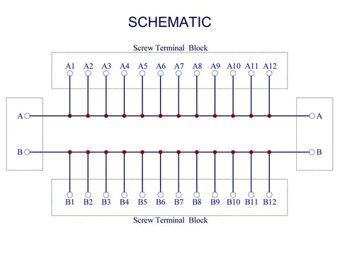 Schematic diagram of Two Row 2x12 Position Screw Terminal Block Distribution Module 30A 300V with A and B channels.