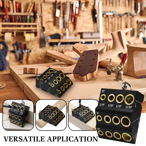 30 45 90 Degree Drill Guide for Hand Drills Portable Metal Drill Jig featuring in workshop with tools and wood pieces
