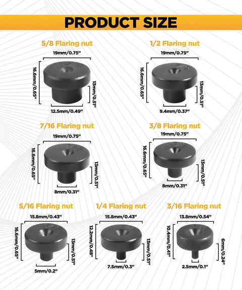 Size chart of 7 Piece Double Flare Adapters Set For Three Sixteenths To Five Eighths Tubing showing dimensions and labeling.