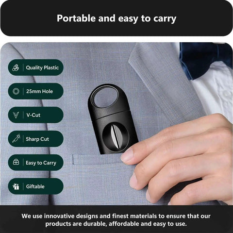 Enlarged V Cut Cigar Cutter Set 4 Pack For Men With Ergonomic Stainless Steel And Plastic Build Portable Sharp Clean Cut Fits All Cigars Gift Box Included Durable Smoking Accessory For Home Bar And Travel shown in suit pocket