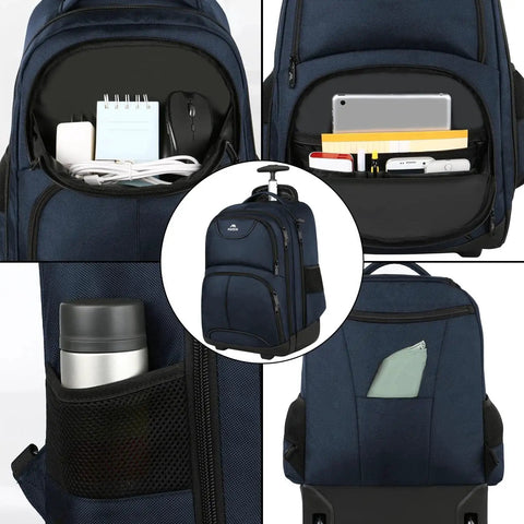 Collage of Rolling Laptop Backpack With Wheels For Men And Women Road Trip Ready Travel Carry On Luggage With 36L Main Compartment Padded 17 Inch Laptop Sleeve