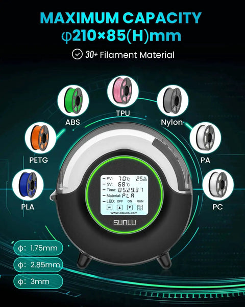 Filament Dryer Box S2 With 360 Degree Heating And Dual Heating Sheets, showcasing touchscreen and compatible filaments.