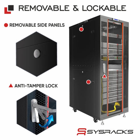Beefy 32U 19 Inch Server Rack Cabinet With Locking Glass Door featuring removable panels and anti-tamper lock, heavy-duty for IT closets.