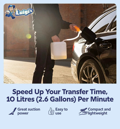 Person using Siphon Pump for Water and Gasoline Transfer Manual Hand Pump for Lawn Mowers to refuel car from canister