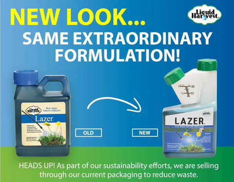 Old and new packaging of Lazer Blue Spray Pattern Indicator For Pro Grade Precise Turf Marking And Weed Dye 8 Ounces