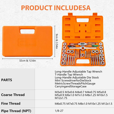40 Piece Metric Tap And Die Set With Coarse And Fine Threads M3 Through M12 Includes Handles Accessories And Case Pro Grade GCr15 Bearing Steel And Precision CNC Machined Teeth For Reliable Thread Repair And Maintenance in orange case on white background showing dimensions and parts list.