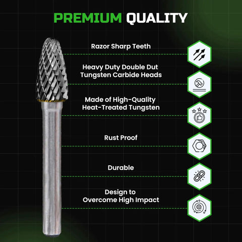 10 Pcs Double Cut Carbide Burr Set With Quarter Inch Shank For Die Grinders And Rotary Tools, single burr bit close-up