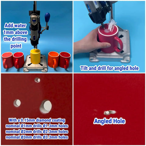 20 Piece Diamond Drill Bit Set Featuring 1mm, 2mm, and 3mm Bits with 150 Grit Diamond Tips used for drilling ceramic mugs.