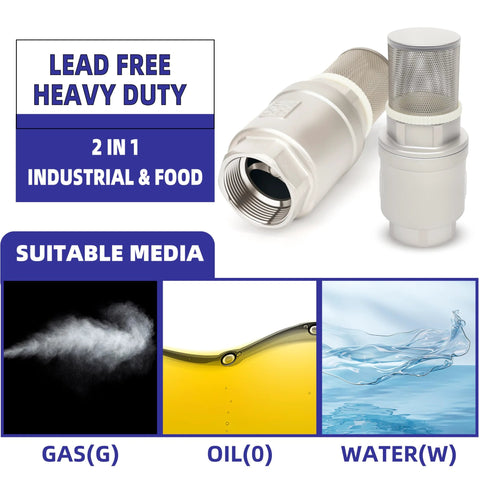 Foot valve with filter, 2-1/2 in NPT, stainless steel bottom valve with spring check for backflow prevention